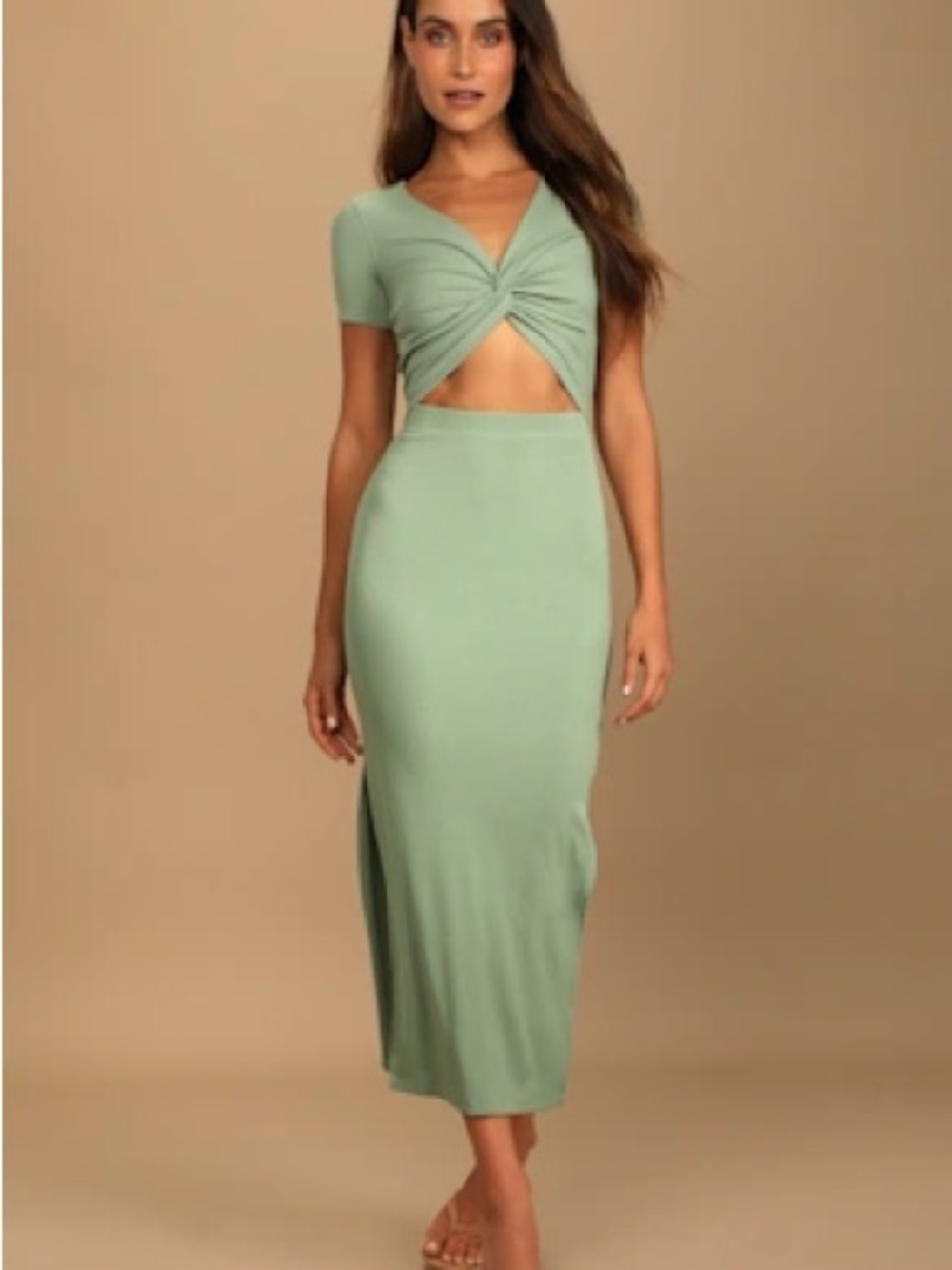 LULUS Twist Front Cutout Maxi Dress V-Neck Sage Green Ribbed Knit Size Large